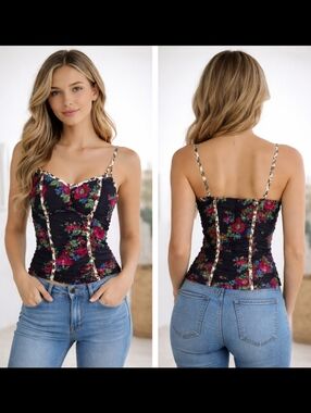 Y2K Floral Ruched Corset Bustier Top Leopard Trim Romantic Night Out 32A/B Sz 1